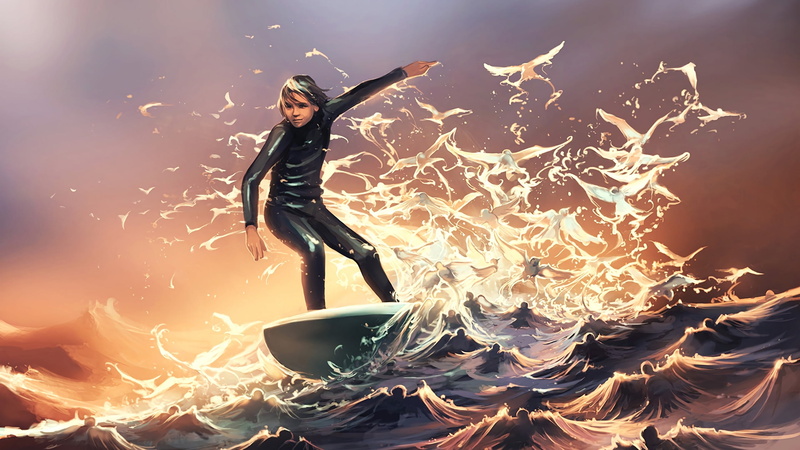 2K, surfing, Surfer, witch, vara, luminos, limb, bird, arms raised, human limb, summer, wave, heat - temperature, digital composite, human arm, burning