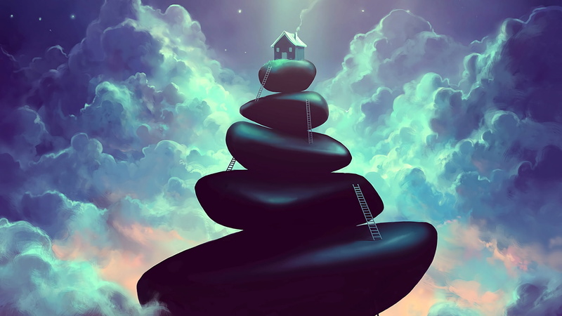 beauty in nature, blue, tranquility, water, luminos, outdoors, black, day, cloud - sky, low angle view, balance, sky, house, digital composite, 2K, stone