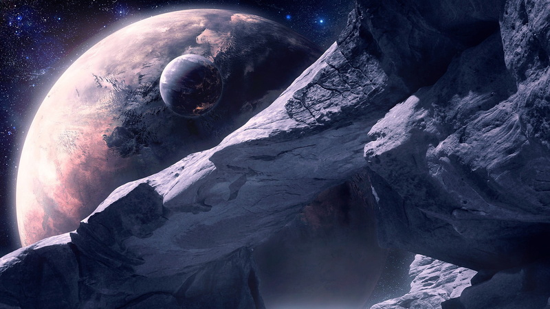 geology, outdoors, digital art, mountain, no people, moon, scenics - nature, moonlight, nature, galaxy, planet, 1080P, sky, planetary moon, tranquility