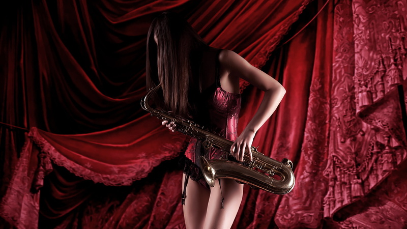 stage, holding, saxophone, beautiful woman, women, one person, in red, musician, adult, curtain, lifestyles, girl, music, skill, indoors, hairstyle, colored