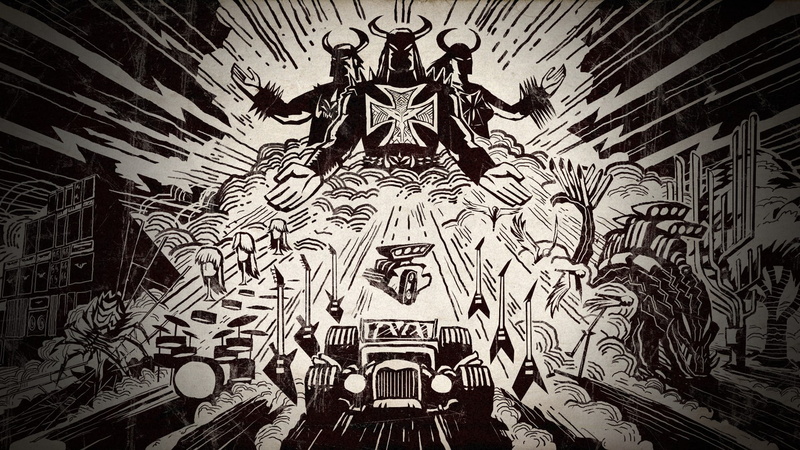 the past, drawing, architecture, Brutal Legend, instruments, vehicle, representation, history, surrounded, ceiling, mural, gray, building, musical, built structure