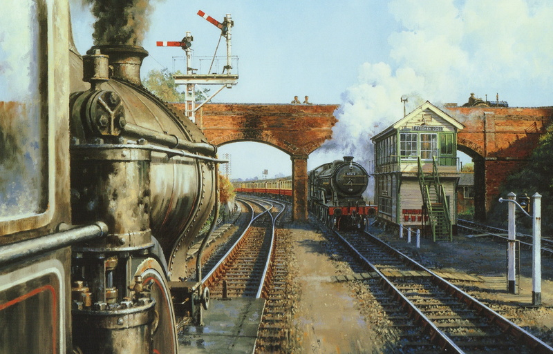 train - vehicle, no people, sky, trains, stop, architecture, painting, smoke, mode of transportation, built structure, black, picture, locomotive, canvas
