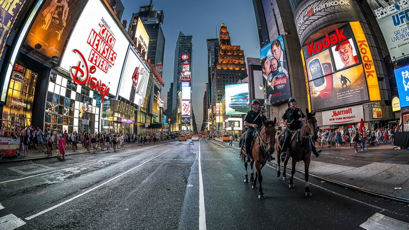 night, riding, skyscrapers, road, street, police, new, city, york, times, 1080P, people, patrol, square, hdr, horseback, lights