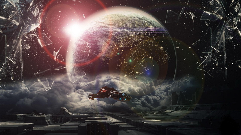 black, spaceship, StarCraft, digital composite, mid-air, dust, nature, futuristic, motion, technology, broken glass, exploding, outdoors, firework display