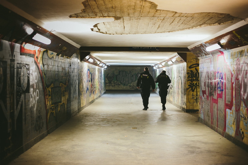 concrete surface, underpass, architecture, 2K, tunnel, subway, indoors, the way forward, full length, night, police officers, direction, underground walkway