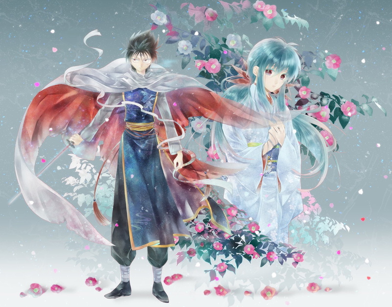 females, art and craft, people, front view, confetti, multi colored, Anime, full length, digital composite, costume, studio shot, 720P, Yu Yu Hakusho