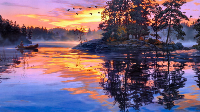 Art, Lake, Painting, rowing, Forest, boat, Scenery, Birds, person, 2K, Twilight, Sunset