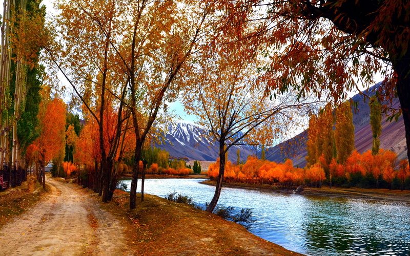 Scenery, Red, 2K, Leaves, Autumn, Path, Mountains, Trees, Lake