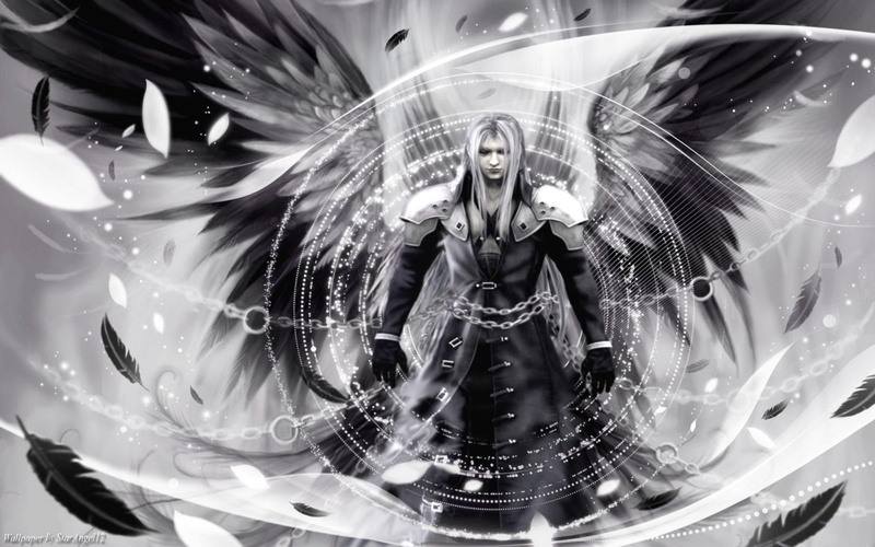 black, final fantasy, sephiroth, male, long hair, white, 1080P, dark, wind, white hair, anime boy, chain, feather, angel