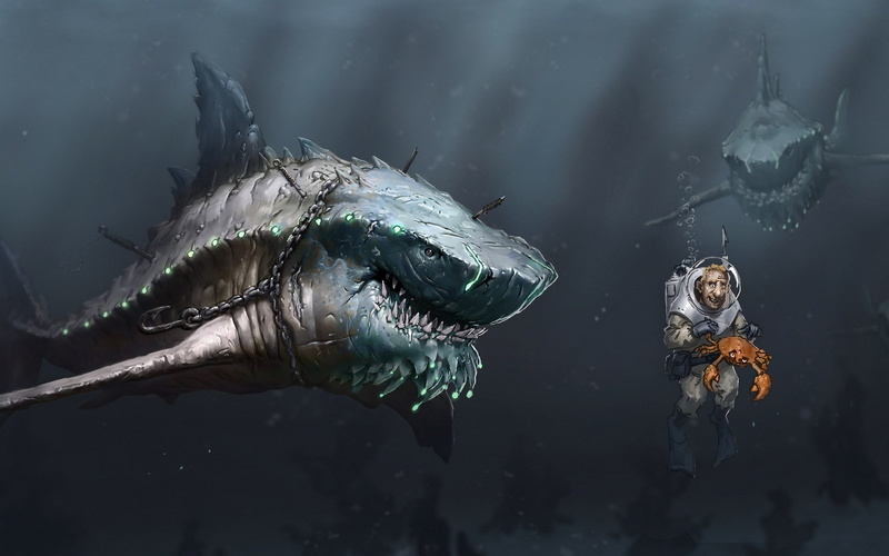 bubbles, underwater, 2K, dark humor, sea, knife, digital art, crabs, shark, fish, divers, chains
