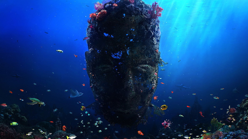 fantasy art, turtle, 1080P, underwater, face, coral, sea, storm, digital art, fish, sun rays, artwork, Desktopography, sunlight