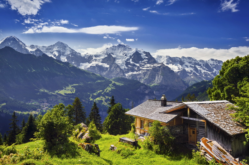 italy, swiss Culture, glacier, beauty In Nature, grass, house, europe, north Tirol, rural Scene, snowcapped mountain, blue, mountains, tourism, day, scenics - nature