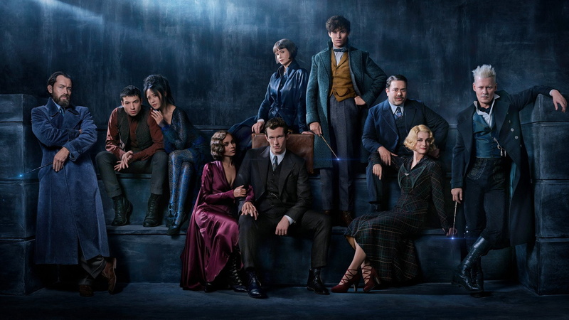 Callum Turner, Credence Barebone, Claudia Kim, Albus Dumbledore, standing, women, full length, clothing, young men, Ezra Miller, Alison Sudol, Gellert Grindelwald