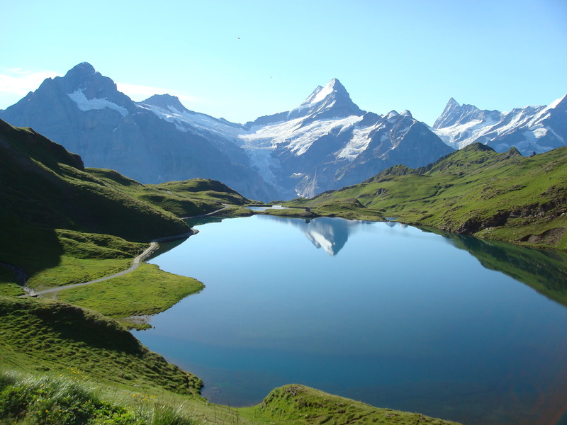 snow, reflection, outdoors, mountains, Grindelwald, mountain Peak, body, Switzerland, landscape, lake, Bern, summer, surrounded, background, nature, water