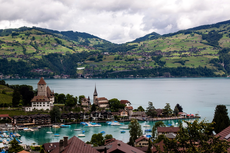 mountains, lake, Grindelwald, home, field, boats, 2K, Switzerland