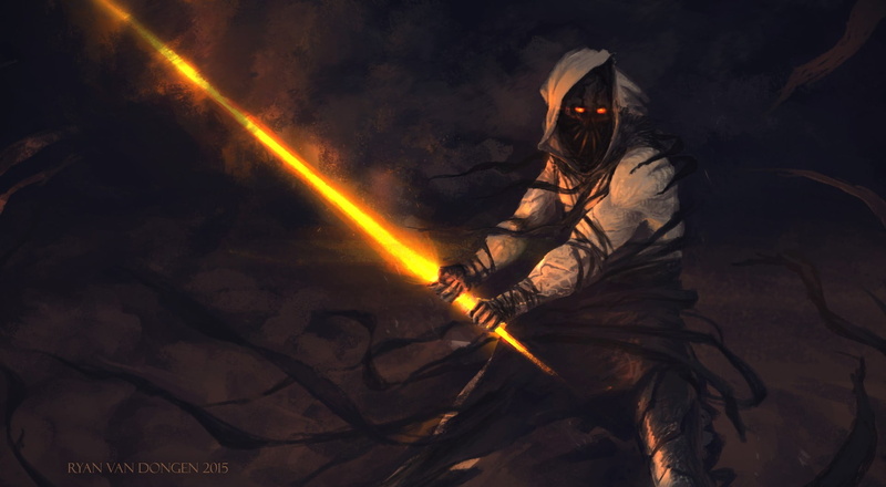  Ryan van Dongen, 2015 (Year), dark fantasy, fiery, sword, creature, fire - natural phenomenon, obscured face, fire, hoodie, welding, indoors