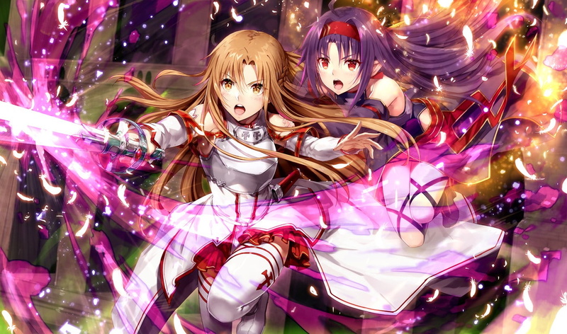 Yuuki Asuna, brown eyes, Konno Yuuki, 720P, red eyes, purple hair, brunette, Sword Art Online, sword