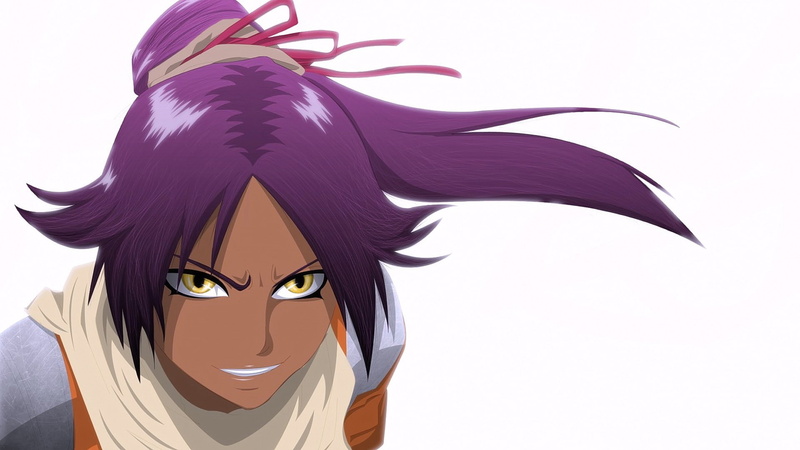 one person, cut out, headshot, beauty, beautiful woman, close-up, anime girls, Bleach, mask, violet hair, white background, hairstyle, adult, yellow eyes