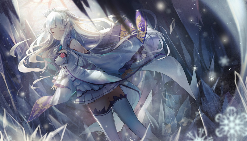 violet eyes, Re:Zero Kara Hajimeru Isekai Seikatsu, Emilia (Re: Zero), 1080P, white hair, pointed ears, cleavage, white dress