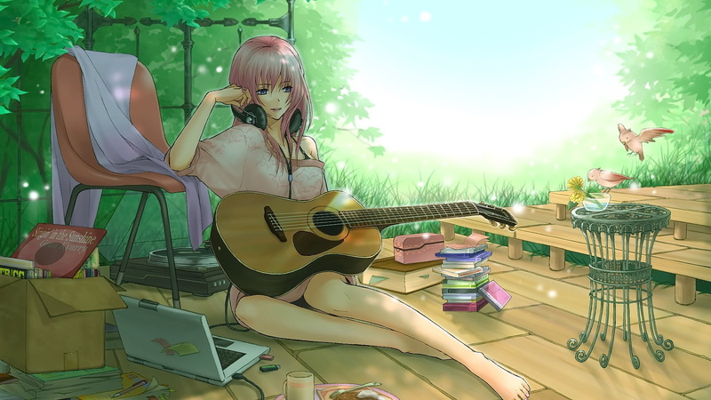 headphones, young women, musical equipment, music, anime, real people, women, seat, holding, lifestyles, acoustic guitar, hairstyle, 1080P, young adult