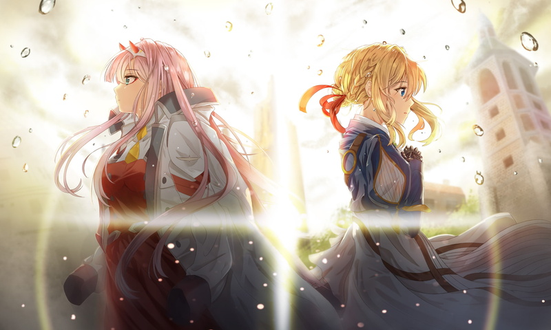 Darling in the FranXX, Zero Two (Darling in the FranXX), Violet Evergarden, anime girls, crossover, 1080P, pink hair