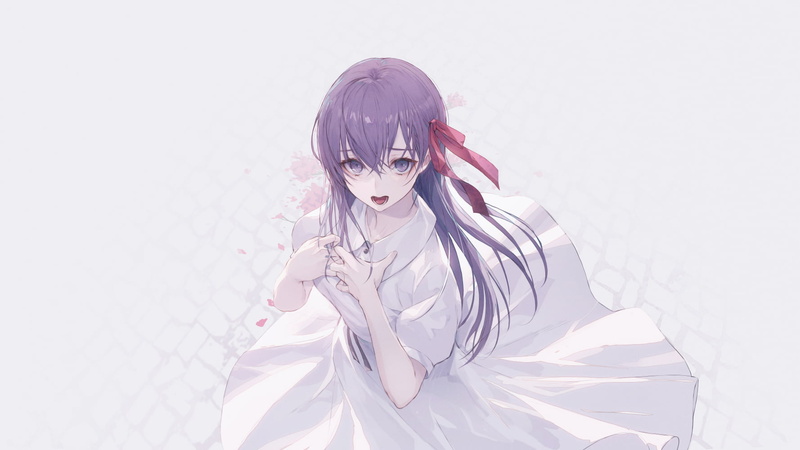 720P, fate/stay night: heavens feel, purple hair, long hair, Fate/Stay Night, white dress, Fate Series, violet hair, fan art, anime girls, violet eyes