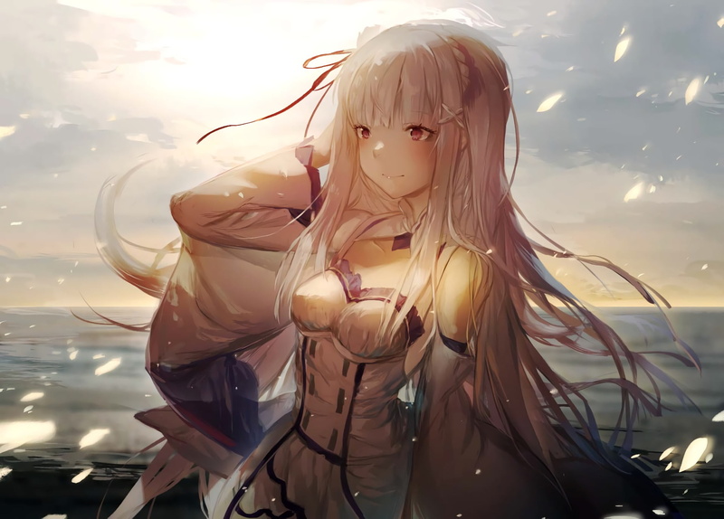 hairstyle, 1080P, day, looking at camera, sea, real people, front view, red eyes, anime, gray hair, Re:Zero Kara Hajimeru Isekai Seikatsu, mannequin, violet eyes