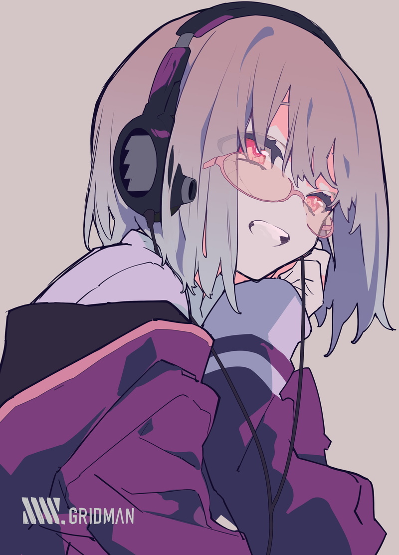 smiling, headphones, violet hair, pink eyes, anime girls, simple background, women with glasses, 1080P, SSSS.GRIDMAN, Akane Shinjou, short hair