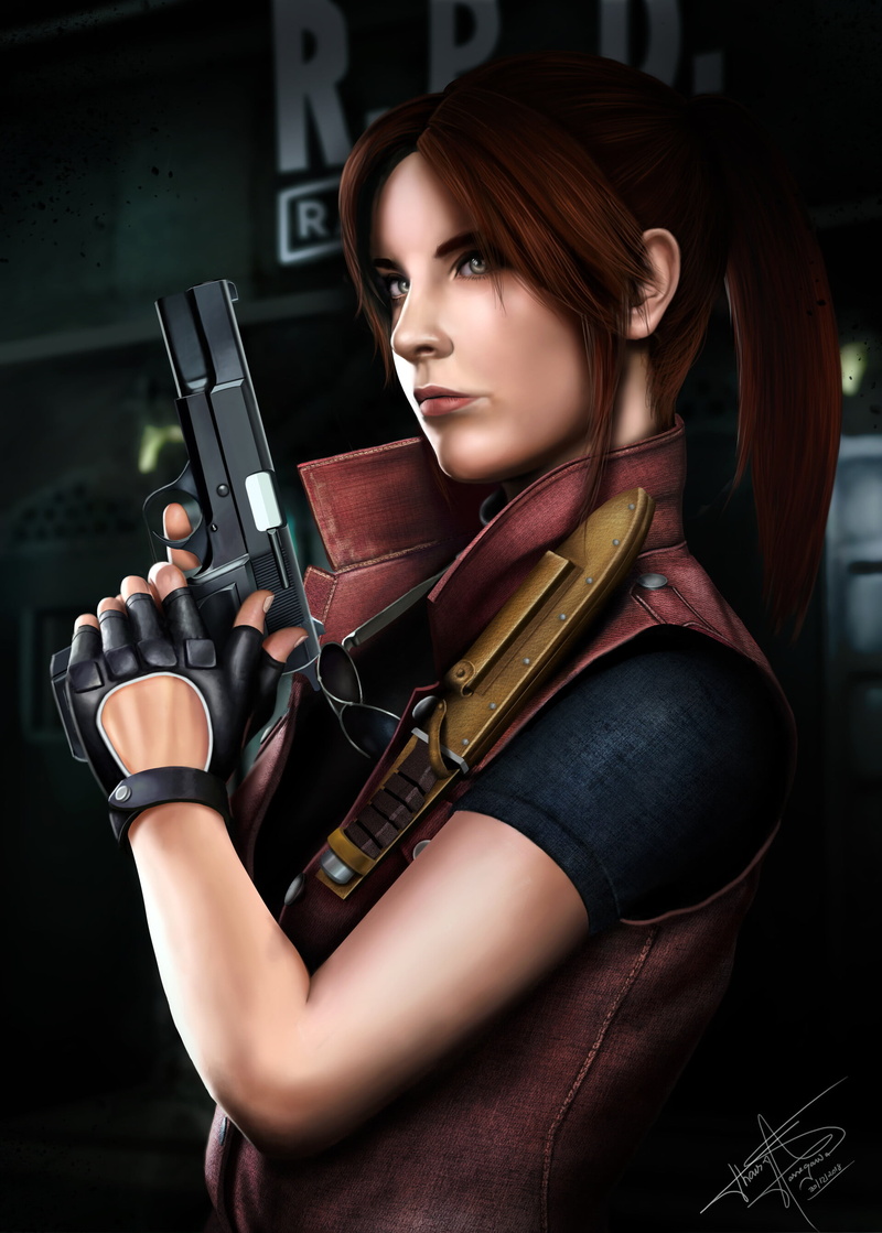 leather jackets, open jacket, Thaísa Hassegawa, leather clothing, black t-shirt, Claire Redfield, glasses, redhead, video games, artwork, fingerless gloves