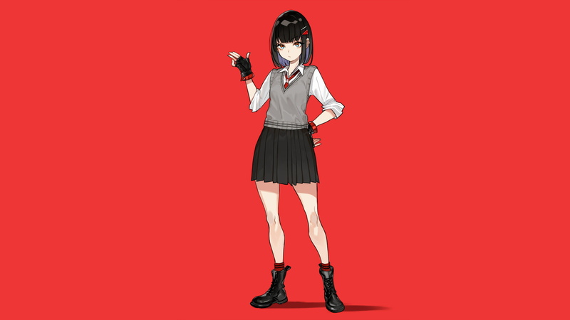 standing, fingerless gloves, schoolgirl, hair pins, artwork, drawing, 2D, sweater, illustration, red background, anime, 1080P, original characters, miniskirt