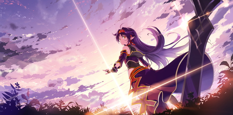 violet hair, Sword Art Online, looking back, long hair, weapon, orange eyes, headband, gloves, sky, sunset, yellow eyes, anime girls, fingerless gloves