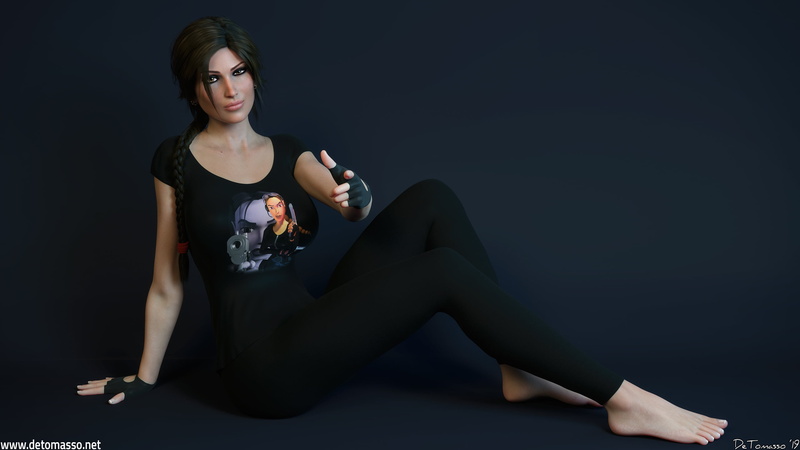 fingerless gloves, leggings, 2K, Lara Croft, DeTomasso, women, blue background, ponytail, braids