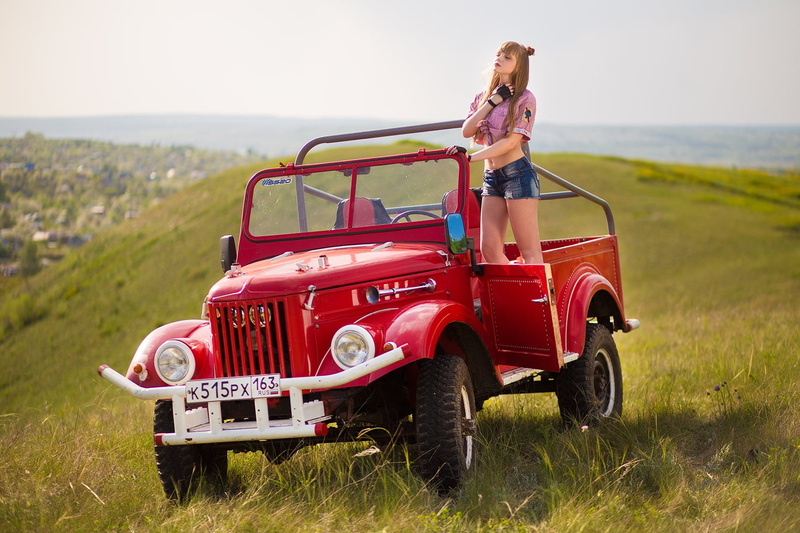 outdoors, sky, Aleksey Lozgachev, red lipstick, model, long hair, red cars, depth of field, blonde, women outdoors, belly, women with cars, fingerless gloves