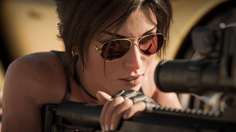digital art, 1080P, tank top, Lara Croft, fingerless gloves, video games, bare shoulders, Tomb Raider, fantasy girl, women, sunglasses, sniper rifle