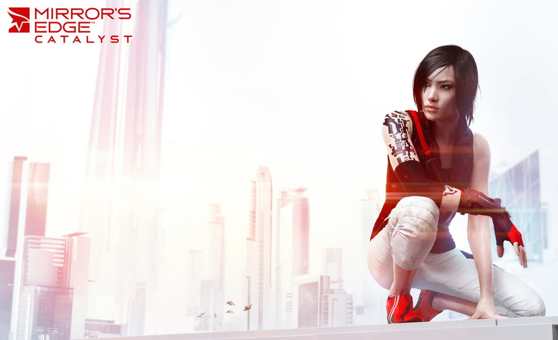 red, Mirrors Edge, fingerless gloves, looking away, Elbow Pads, video game characters, Faith Connors, parkour, 1080P, tattoo, black hair, short hair, EA DICE