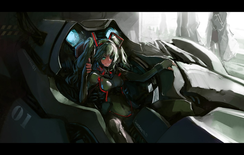 soft, hair, shading, bodysuits, bangs, vocaloid, green, miku, cockpit, girls, 720P, twintails, long, eyepatch, thumbs, ornaments, gloves, eyes, fingerless