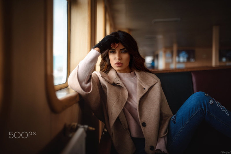 sweater, women, long hair, gloves, 1080P, face, Kaan Altindal, brunette, jeans, black gloves, open coat, portrait, coats, juicy lips, fingerless gloves