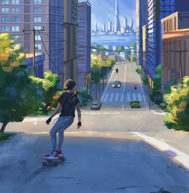 artwork, fingerless gloves, city, 1080P, skating, digital art, ArtStation, digital painting, tattoo, women, drawing, Karolina Wiśniewska, skateboard, tattoo