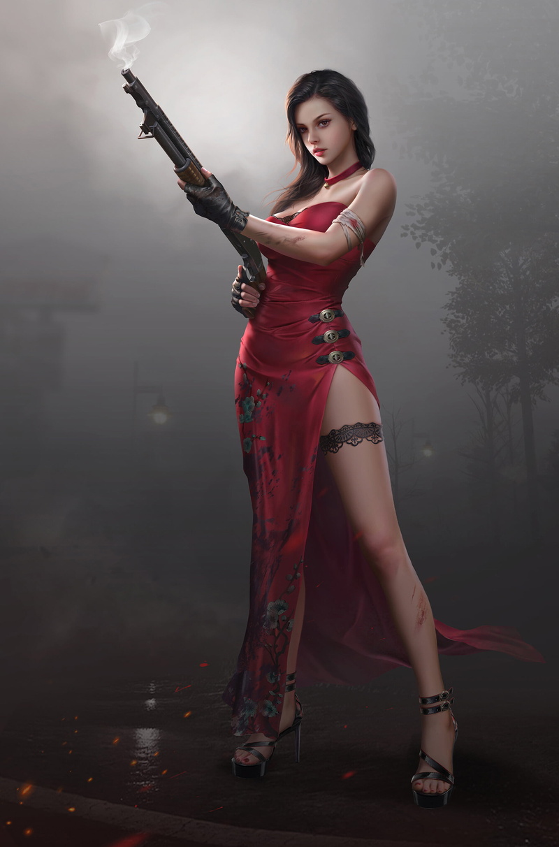standing, wounds, women, 2K, dark hair, girls with guns, black heels, fingerless gloves, legs, heels, ArtStation, dress, choker, red dress
