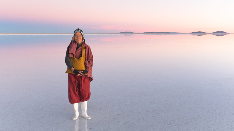 winter, sunrise, salt, serenity, still, traditional clothing, monk, scenics - nature, lifestyles, beauty in nature, lake, reflection, adult, clothing, hairstyle