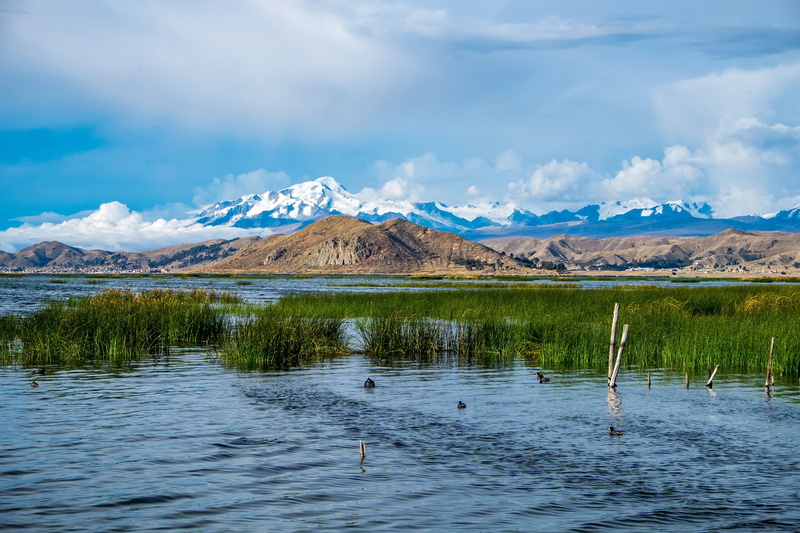 lake titicaca, mountain range, tranquility, scenics - nature, tranquil scene, cloud - sky, cloudy, reflection, sky, beauty in nature, landscape, 4K, mountain peak