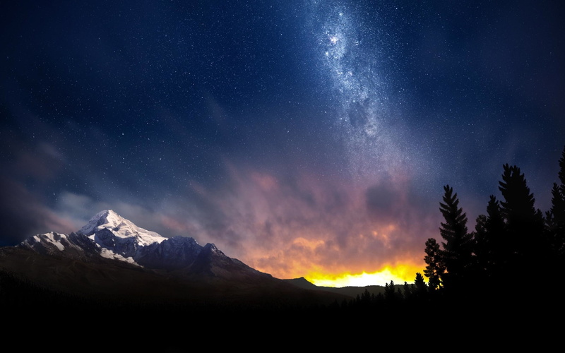 sunlight, mountains, nature, sky, stars, night, Huayna Potosí, space, Bolivia, 1080P, digital art, landscape