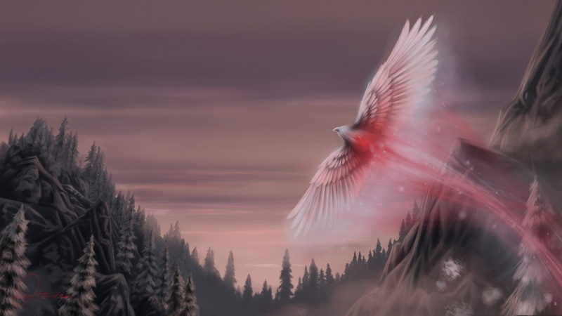 vertebrate, tree, no people, sky, fantasy art, beauty in nature, flapping, one animal, animal, motion, painting, spread wings, cloud - sky, bird, red, trees