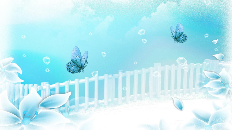 1080P, cyan, butterfly, spring, fleur, dreamer, papillon, flower, turquoise, garden fence, simple pati, flowers, aqua