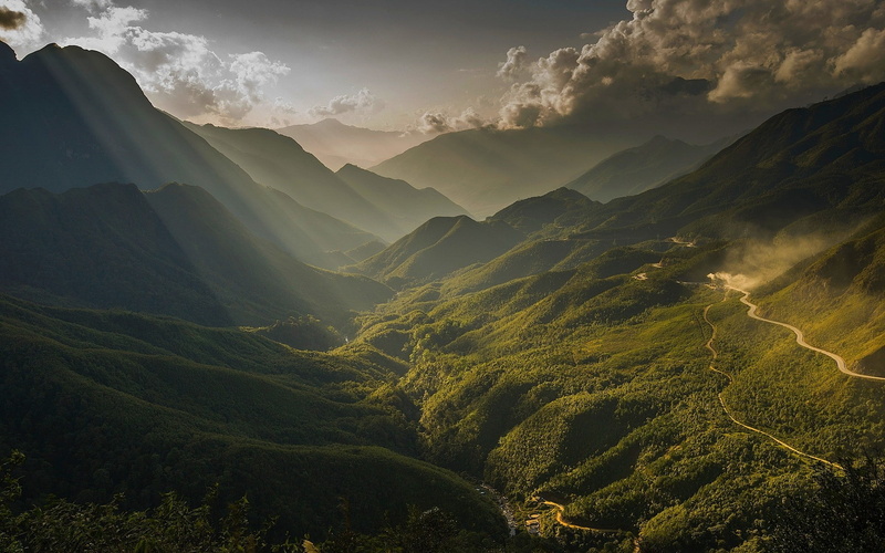 river, clouds, Vietnam, forest, dirt road, mist, sun rays, valley, nature, 1080P, mountains, landscape