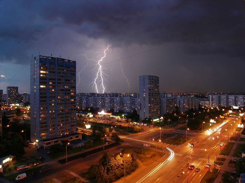 Lightning, Night, Lights, Moscow, Houses, City, 1080P, Road