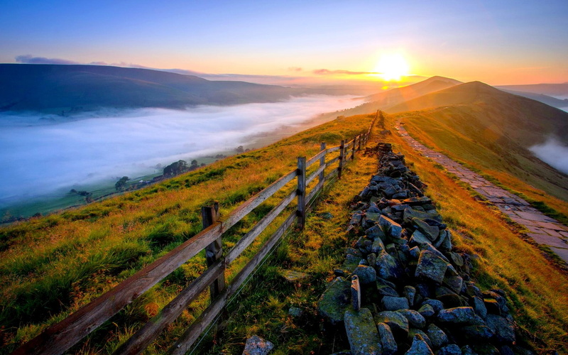 mountains, fence, landscape, clouds, 1080P, nature and landscapes, rising, sun