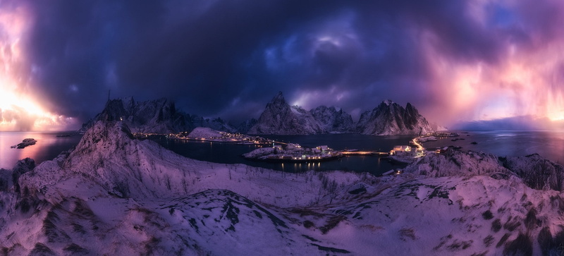 nature, Lofoten Islands, Reine, panoramas, clouds, snow, mountains, sea, cold, 1080P, sky, Norway, landscape, lights, winter