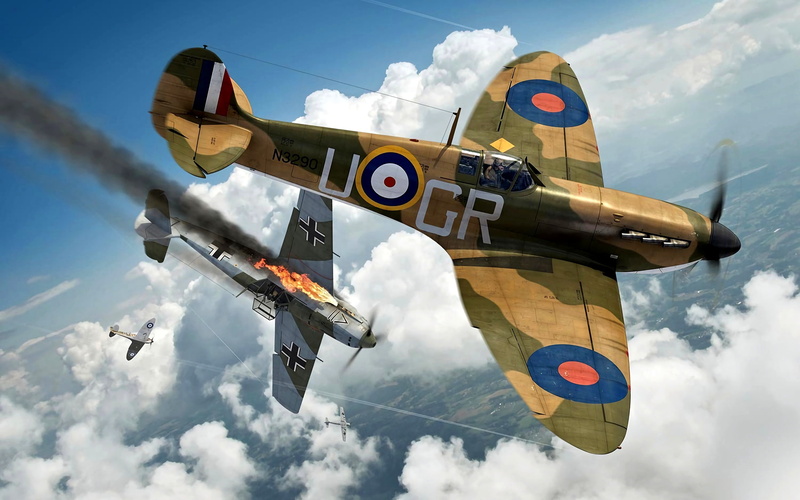 Air force, Emil, 2K, WWII, Bf.109E, Dogfight, Supermarine, Messerschmitt, RAF, Battle of Britain, Spitfire Mk.Ia