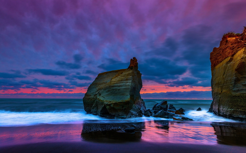 2K, zealand, beach, Waikiki Beach, sunset, new, brown, the sea, waikiki, formation, the Tasman Sea, rocks, rock, New Zealand, Taranaki, Tasman Sea